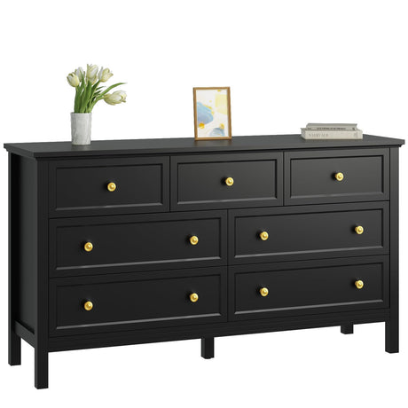 CARPETNAL Black Dresser for Bedroom, 7 Drawer Dresser with Wide Drawers and Gold Metal Handles, 55" Black and Gold Dresser TV Stand, Modern Dressers & Chests of Drawers for Hallyway, Entryway. CARPETNAL