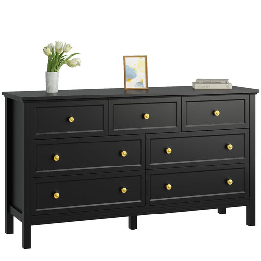 CARPETNAL Black Dresser for Bedroom, 7 Drawer Dresser with Wide Drawers and Gold Metal Handles, 55" Black and Gold Dresser TV Stand, Modern Dressers & Chests of Drawers for Hallyway, Entryway.