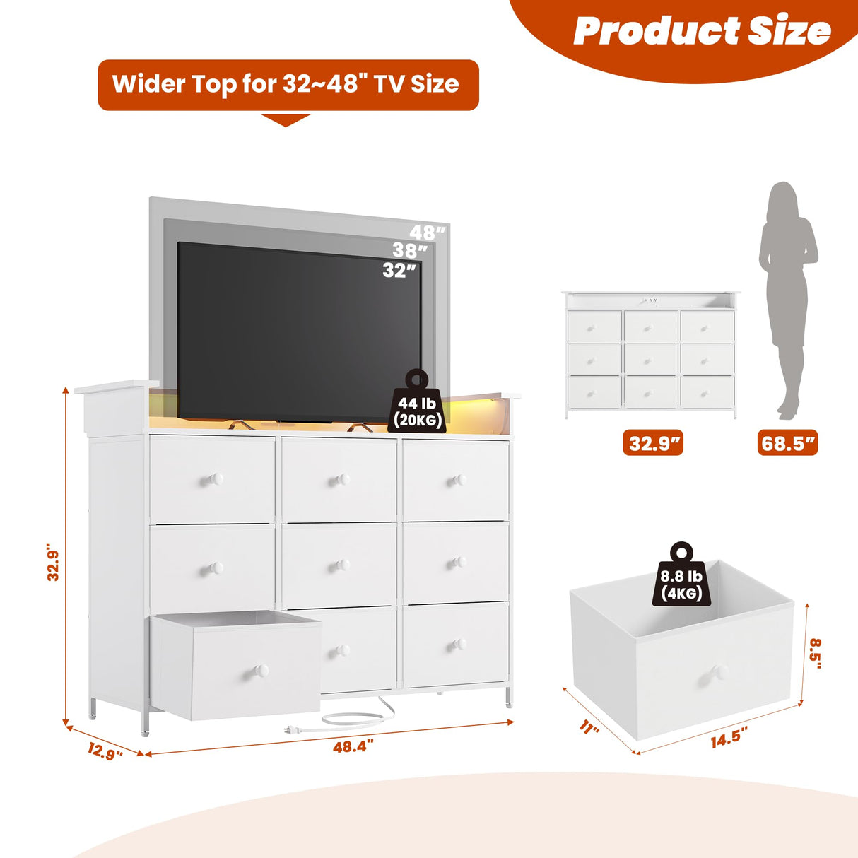 Nicehill Dresser for Bedroom with 9 Drawer,White Dresser with LED Light,TV Stand for Bedroom with Charging Station,Chests of Drawers for Bedroom Hallway,Closet (White) Nicehill