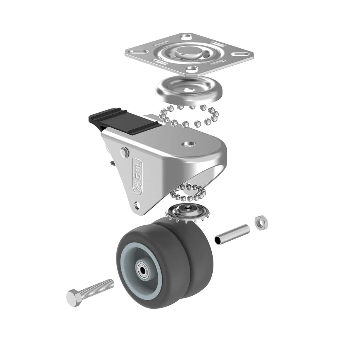 GBL 2 inch Casters Set of 4 Heavy Duty with 2 Locking Brakes + Screws - Up to 880Lbs - Swivel Caster Wheels - No Floor Marks Silent Plate Casters - Silver Castor GBL