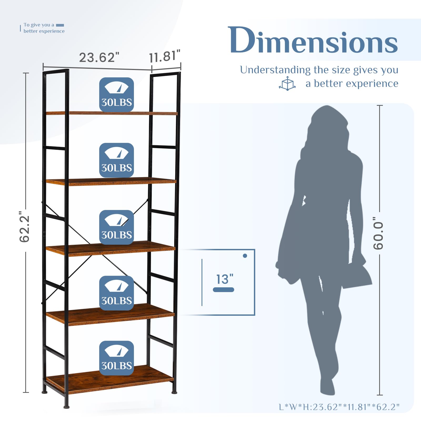 DUMOS Rustic Brown 5-Tier Tall Bookshelf - Industrial Storage Organizer for Home & Office - WoodArtSupply