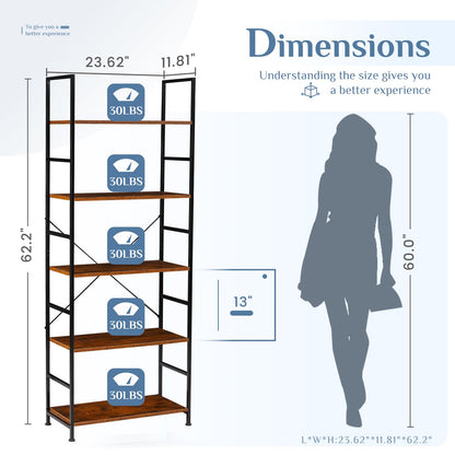 DUMOS Rustic Brown 5-Tier Tall Bookshelf - Industrial Storage Organizer for Home & Office - WoodArtSupply