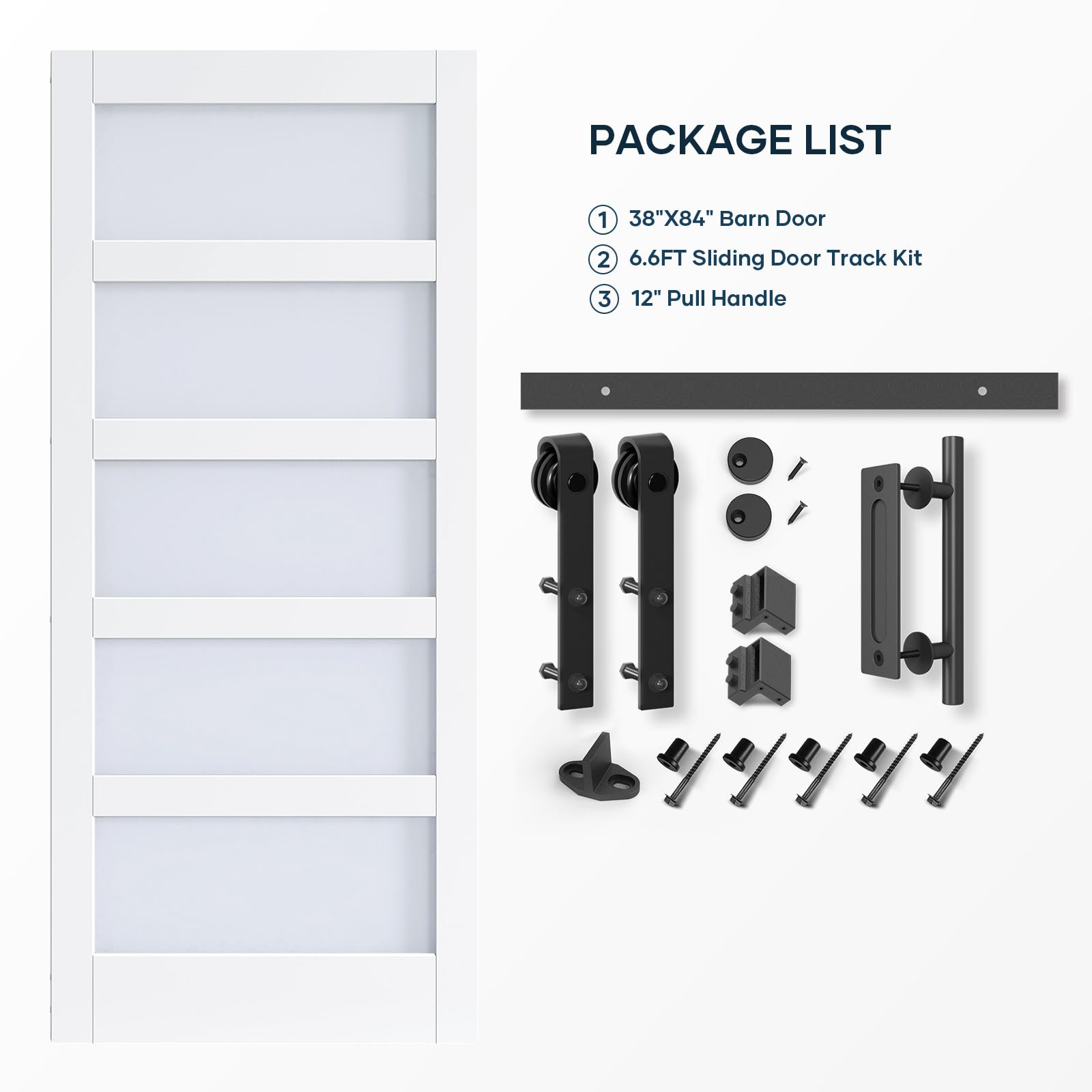 EaseLife 38in x 84in Glass Barn Door with 6.6FT Sliding Door Hardware Kit Included & Handle,Solid LVL Wood Covered with Water-Proof & Scratch-Resistant PVC Surface,DIY Assembly,5-Panel Glass, - WoodArtSupply