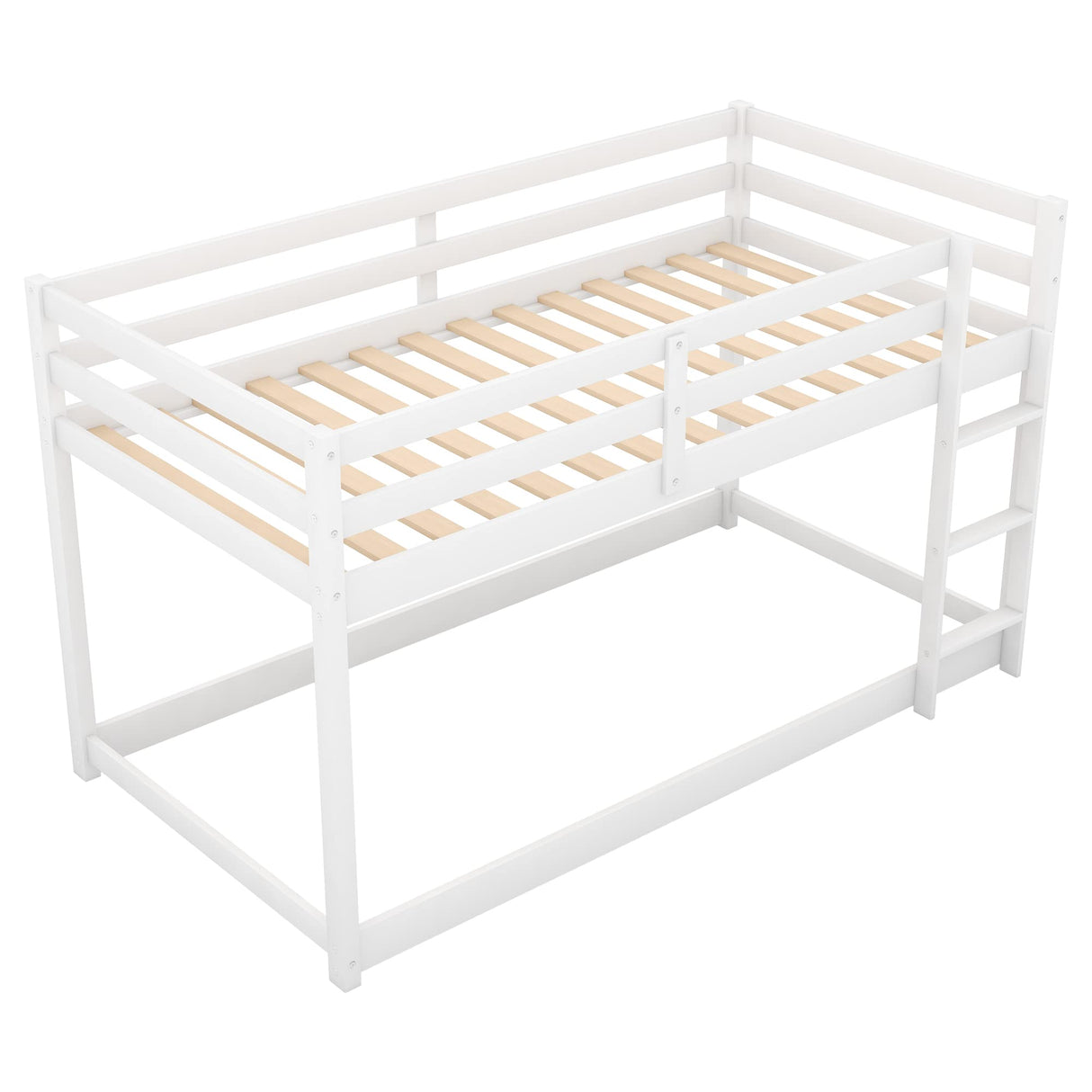 ZJIAH Twin Over Twin Low Bunk Bed with Ladder and Safety Guardrails - Durable Wooden Design in White ZJIAH
