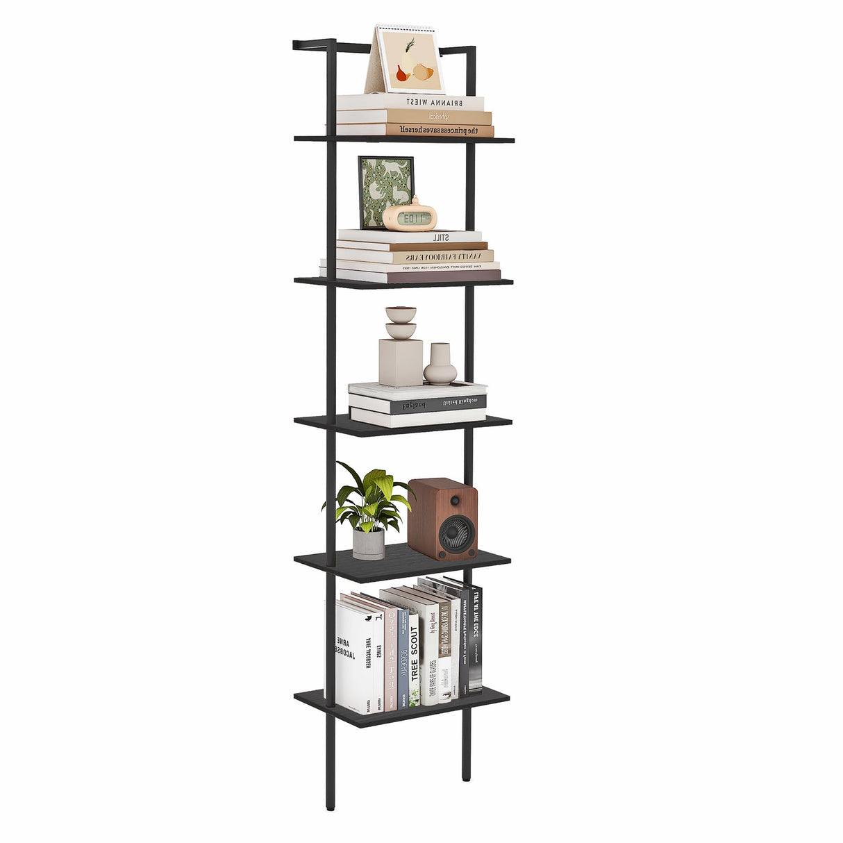 POBOMULI 5-Tier Ladder Shelf, Wall Mounted Ladder Bookshelf with Metal Frame, Wood Tall Open Storage Rack and Display Shelves for Home Office Bedroom Living Room, Black POBOMULI