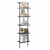 POBOMULI 5-Tier Ladder Shelf, Wall Mounted Ladder Bookshelf with Metal Frame, Wood Tall Open Storage Rack and Display Shelves for Home Office Bedroom Living Room, Black POBOMULI