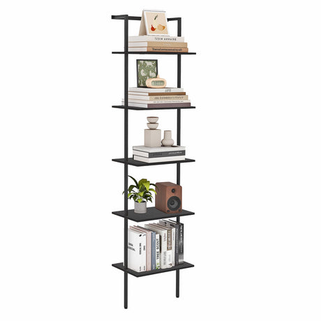 POBOMULI 5-Tier Ladder Shelf, Wall Mounted Ladder Bookshelf with Metal Frame, Wood Tall Open Storage Rack and Display Shelves for Home Office Bedroom Living Room, Black POBOMULI