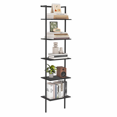 POBOMULI 5-Tier Ladder Shelf, Wall Mounted Ladder Bookshelf with Metal Frame, Wood Tall Open Storage Rack and Display Shelves for Home Office Bedroom Living Room, Black