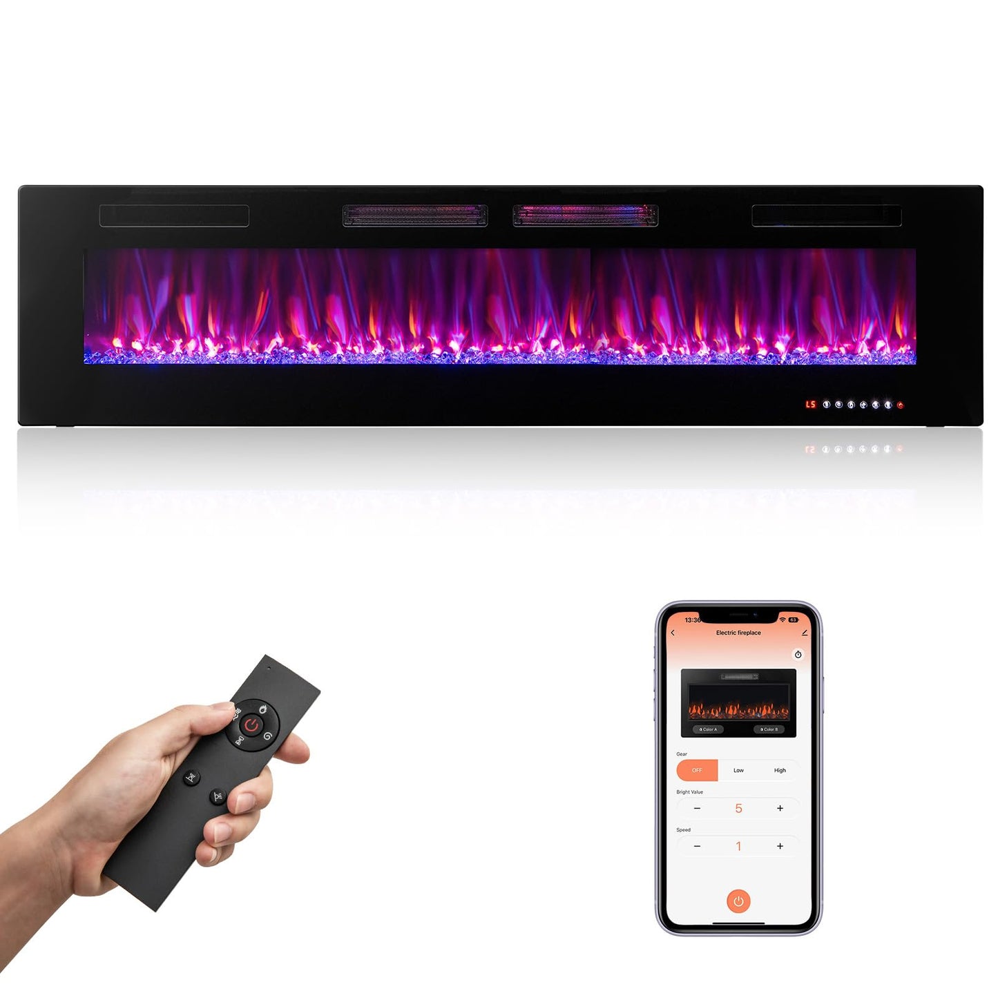 COSTWAY Ultra-Thin Electric Fireplace 72-inch Wide, 750W/1500W Wall-Mounted and Recessed Fireplace Heater with 12 Flame and Flame Bed Color, Remote and Smart APP Control, Decorative Crystal Included