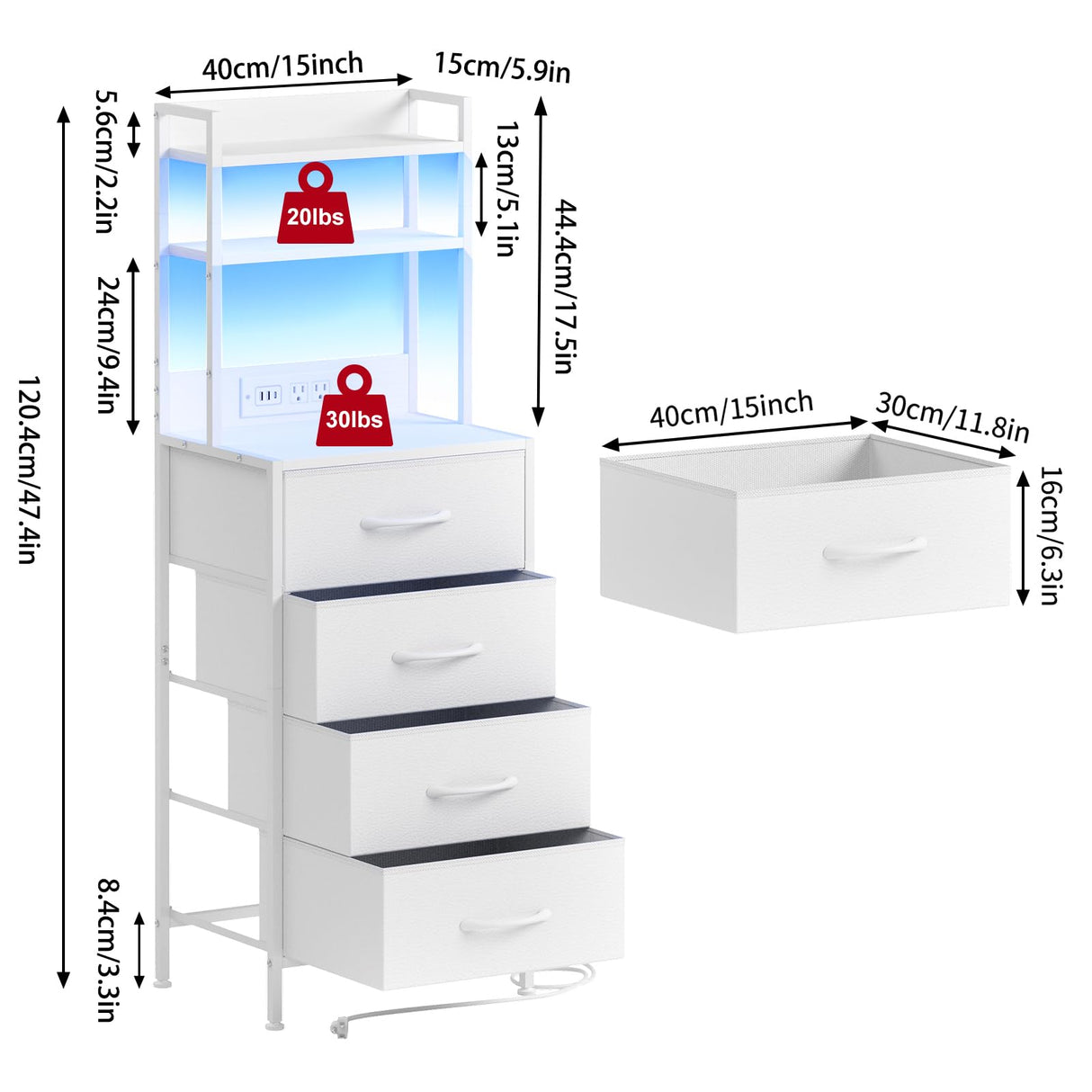 Fixwal 47 Inch Tall Nightstand with Charging Station, Led Night Stand with Socket, 4 PU Finished Fabric Storage Drawers, Office, Bedside Table & Bookshelf in One, White Fixwal