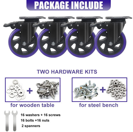5 Inch Caster Wheels with Brake, Heavy Duty Casters Set of 4 2200lbs, Swivel Casters with Double Ball Bearings, Dual Locking Casters,Wheels for Cart,Furniture,Cabinets,Workbench (Two Hardware Kits Wieyunn