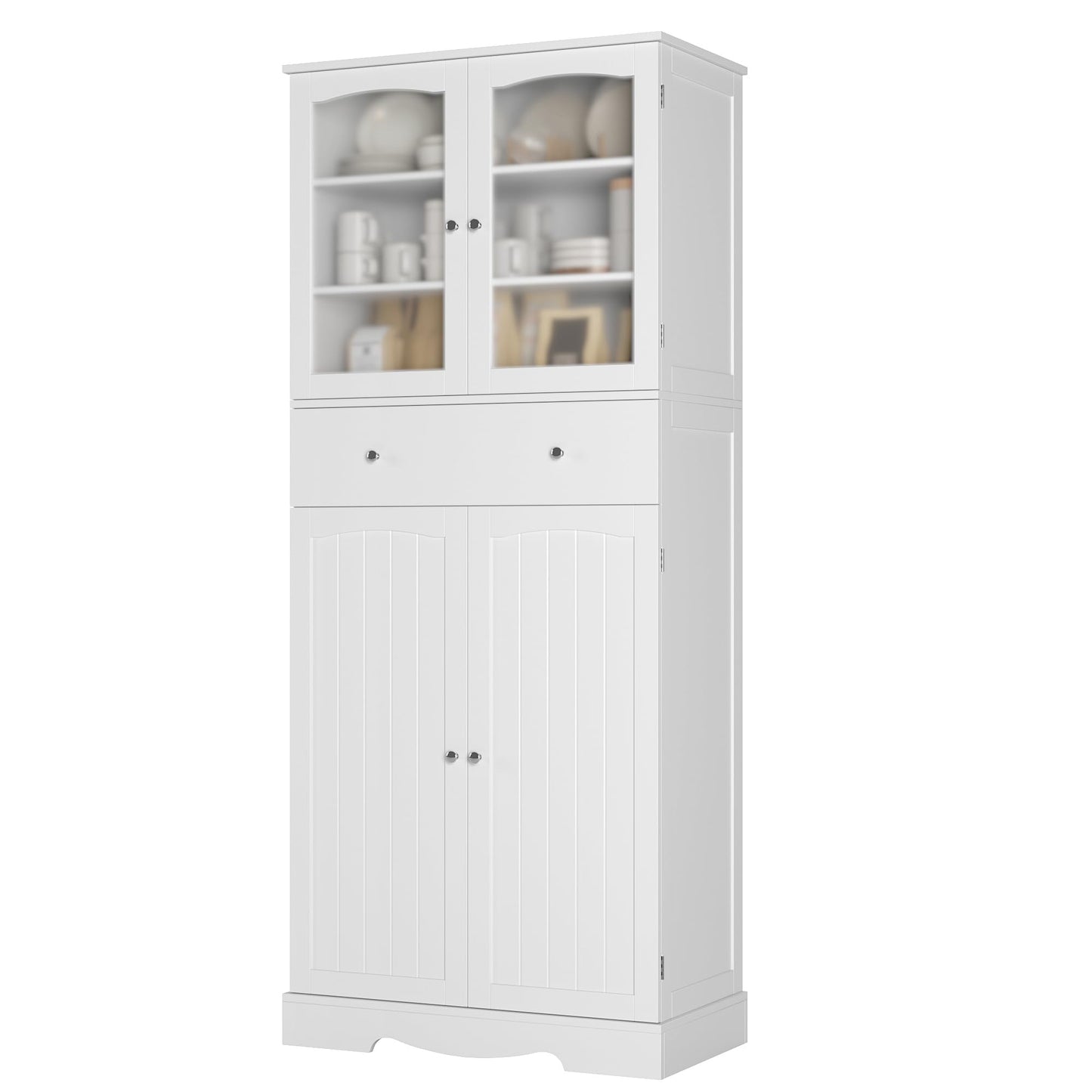 HOSTACK 71" Tall Bathroom Storage Cabinet, Modern Large Storage Cabinet with Glass Doors | Drawer, Freestanding Linen Cabinet Kitchen Pantry for Living Room, Bathroom, Home Office, White