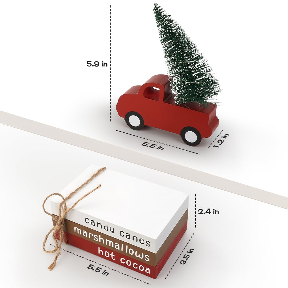 Christmas Decorations Indoor, Christmas Decor - Wooden Book Stack & Red Truck with LED Lighted Tree Christmas Signs for Table, Tiered Tray, Shelf and Mantel - Holiday Decor for Home/Office