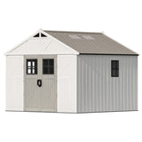 Patiowell 10x10 FT Outdoor Storage Shed, Plastic Shed with Floor and Skylight, Four-Window Resin Storage Shed with Lockable Door for Garden, Patio, Backyard, Beige Patiowell
