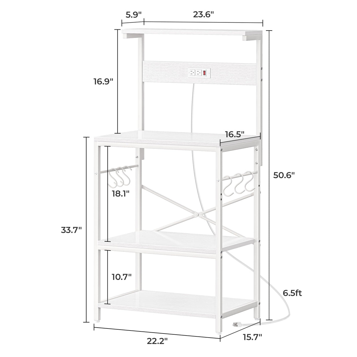 SUPERJARE Kitchen Bakers Rack with Power Outlet, Coffee Bar Table 4 Tiers, Microwave Stand with 6 S-Shaped Hooks, Storage Shelf Rack for Spices, Pots and Pans - White SUPERJARE