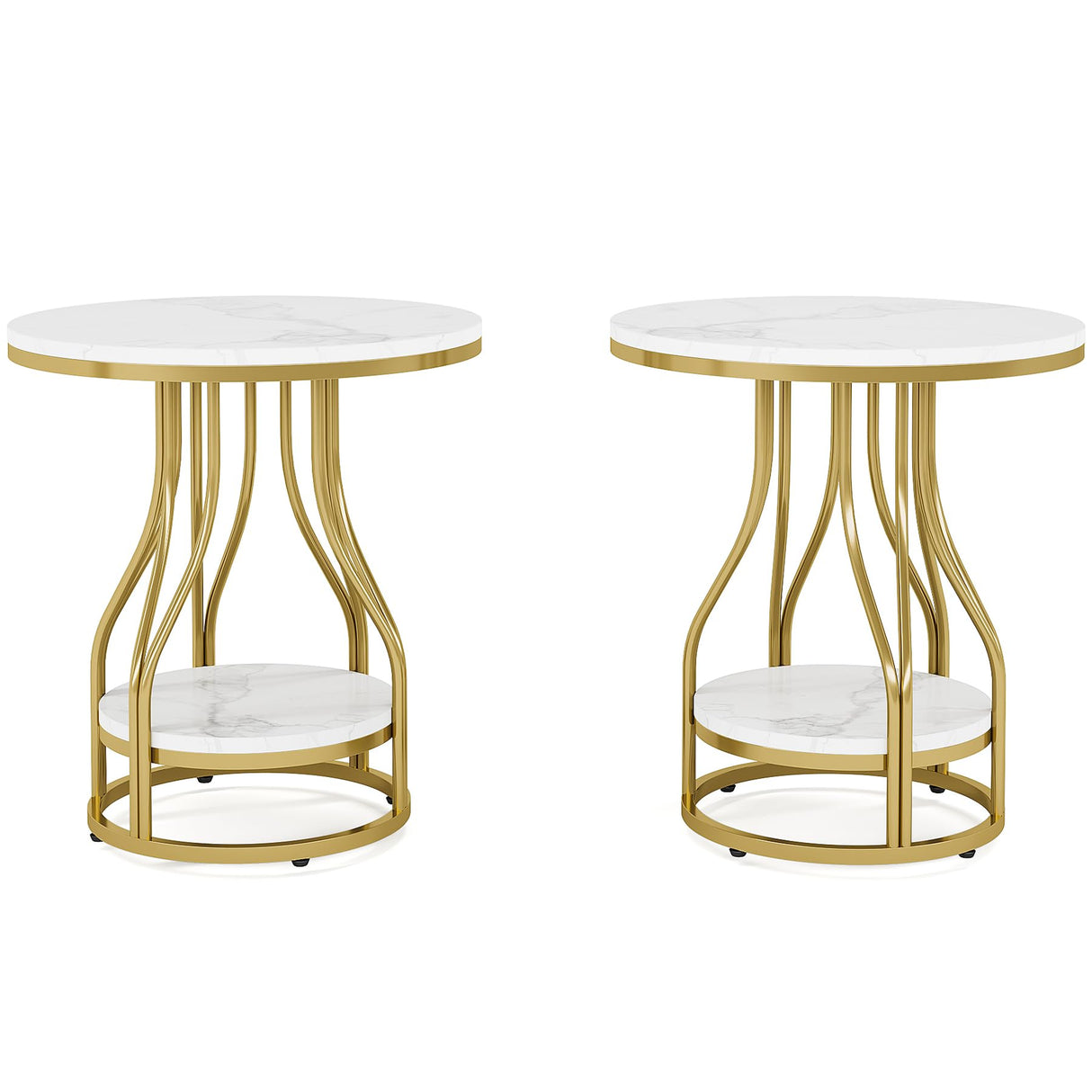Tribesigns Round Side Table White Gold End Table Set of 2, 2-Tier End Table Modern Bedside Table Small Side Table with Storage Sofa Side Table with Metal Frame for Living Room Tribesigns