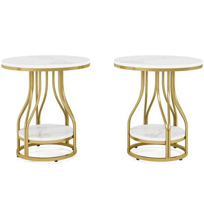 Tribesigns Round Side Table White Gold End Table Set of 2, 2-Tier End Table Modern Bedside Table Small Side Table with Storage Sofa Side Table with Metal Frame for Living Room - WoodArtSupply