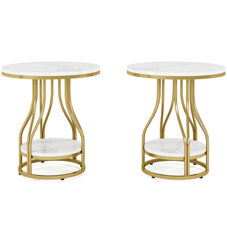 Tribesigns Round Side Table White Gold End Table Set of 2, 2-Tier End Table Modern Bedside Table Small Side Table with Storage Sofa Side Table with Metal Frame for Living Room Tribesigns