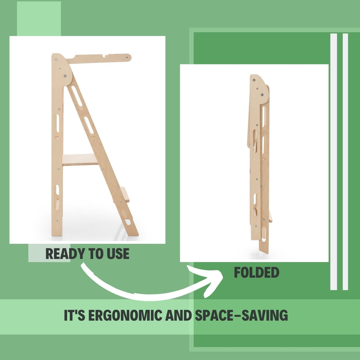 YK KIDS, Foldable Toddler Tower, Step Stool for Kids, Foldable Kitchen Tower for Kids, Step Stool with Safety Rail, Montessori Child Standing Tower (Natural) YK KIDS