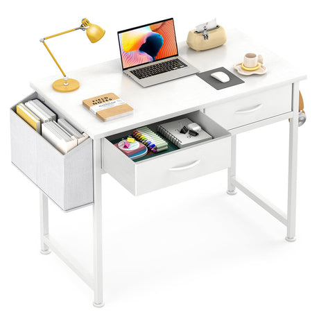 CAIYUN Small Desk with Fabric Drawers, 32 Inch White Vanity Desk for Bedroom, Home Office Computer Desk for Small Space, Modern Work Laptop Study Table, Kids Writing Desk with Storage Bag & Hook CAIYUN
