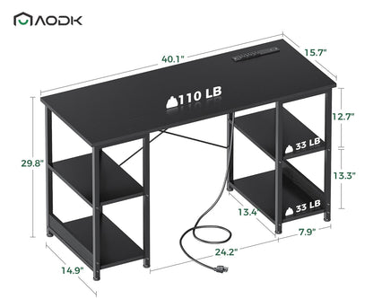 AODK 40 Inch Small Computer Desk with Power Outlets & USB Charging Port, Modern Simple Style Desk for Small Spaces Home Office, Study Student Writing Desk, Kids Desk, Black