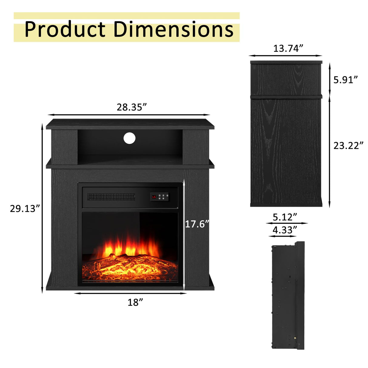PRETZI 28" Electric Fireplace with Mantel, Small Fireplace tv Stand with 18" Fireplace Insert, 3D Realistic Flame, Portable Freestanding Fireplace with a Shelf for Living Room, Remote Control, Black PRETZI