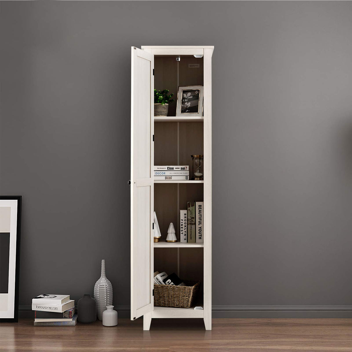 Giantex Tall Storage Cabinet Freestanding Floor Storage Tower with Four Shelves and Single Door, 17x16x72 Inch, Narrow Utility Cabinet for Living Room, Bathroom (Grayish White) Giantex