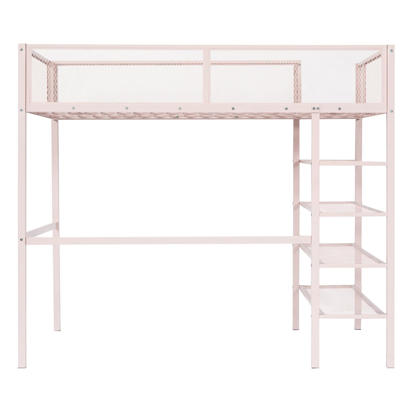 Harper & Bright Designs Twin Size Metal Loft Bed with Storage and 4-Tier Shelves, Modern Heavy-Duty Steel Frame, for Kids Teens Adults, Pink