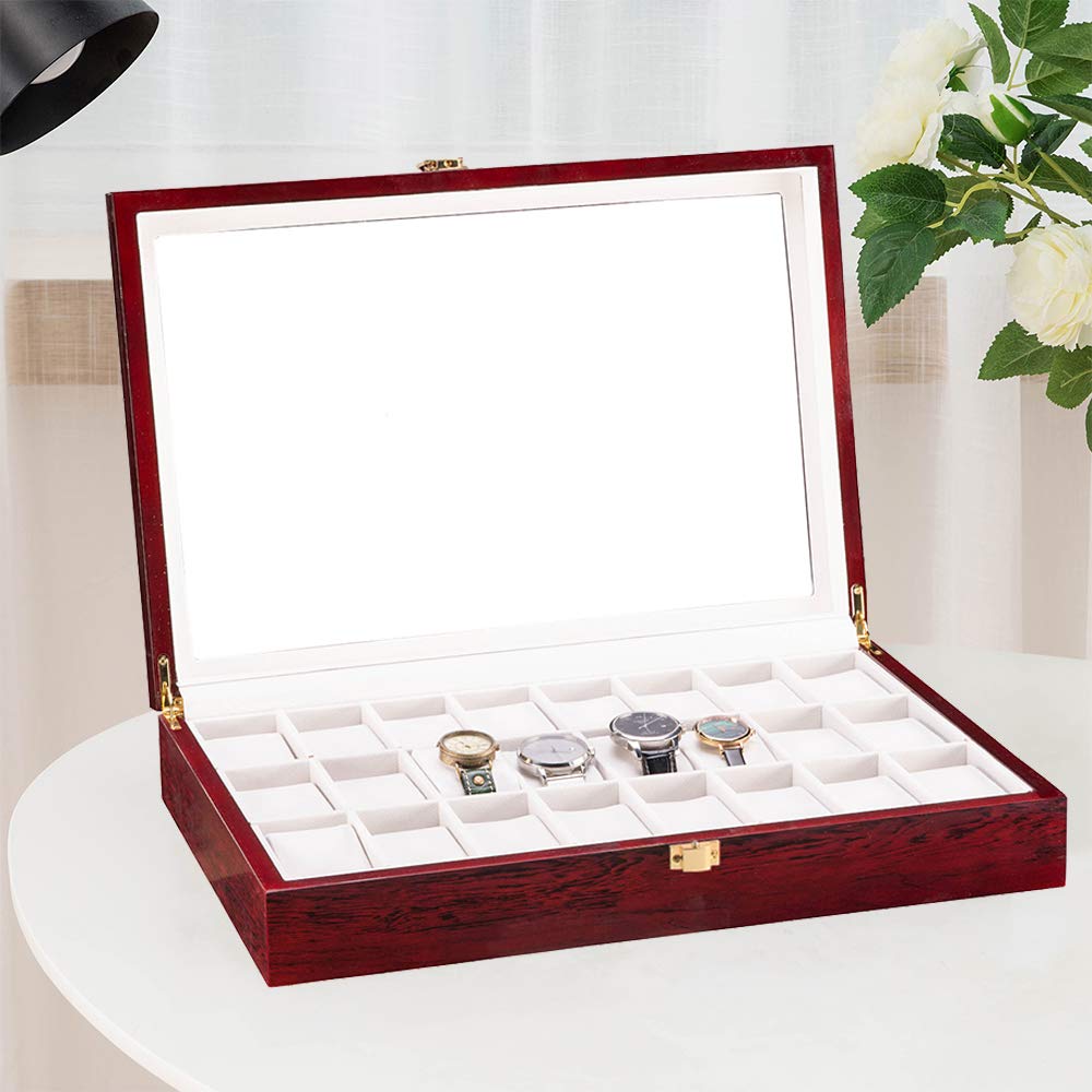 Fosinz 24 Slots Wooden Case Watch Display Box for Men Women Glass Top Collection Box Jewelry Storage Organizer Holder Storage Gifts (16.7" x 11.42" x 3.15", Bright Mahogany Red) Fosinz