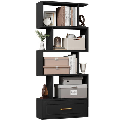 5-Tier Bookshelf, 59” Tall S Shaped Bookcase with Drawer, Freestanding Room Divider with Anti-Tipping Device, Wood Geometric Open Storage Display Shelf for Living Room,Study Room,Home Office(Black)