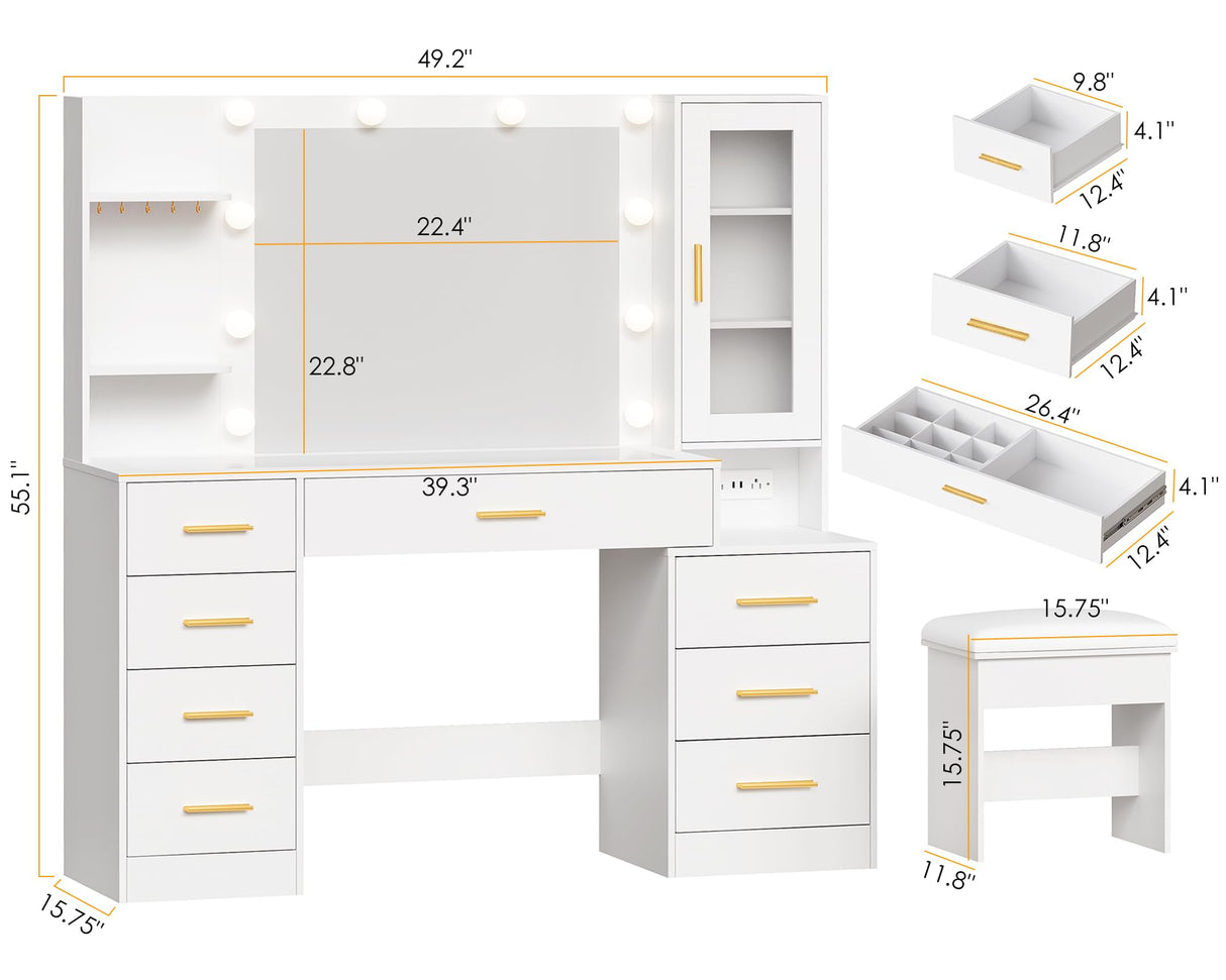 ANWBROAD 49.2" Large Vanity Desk with Mirror and Lights White Makeup Vanity Desk with Glass Top and Power Outlet 8 Drawers Nightstand 5 Hooks Vanity Table with Stool for Bedroom Women Girls UBDT88W ANWBROAD
