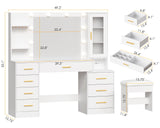 ANWBROAD 49.2" Large Vanity Desk with Mirror and Lights White Makeup Vanity Desk with Glass Top and Power Outlet 8 Drawers Nightstand 5 Hooks Vanity Table with Stool for Bedroom Women Girls UBDT88W ANWBROAD