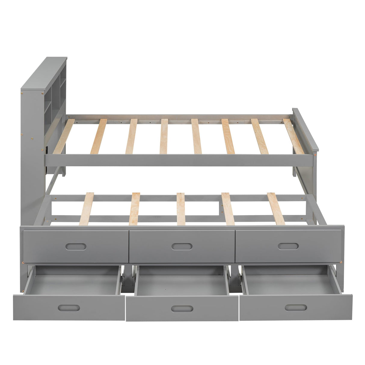 Twin Size Platform Bed with Storage Headboard, Twin Size Platform Bed with TwinSize Trundle and 3 Drawers&USB,Solid Wood Bed Frame with Storage Kids,No Box Spring Needed. (Gray) Bellemave