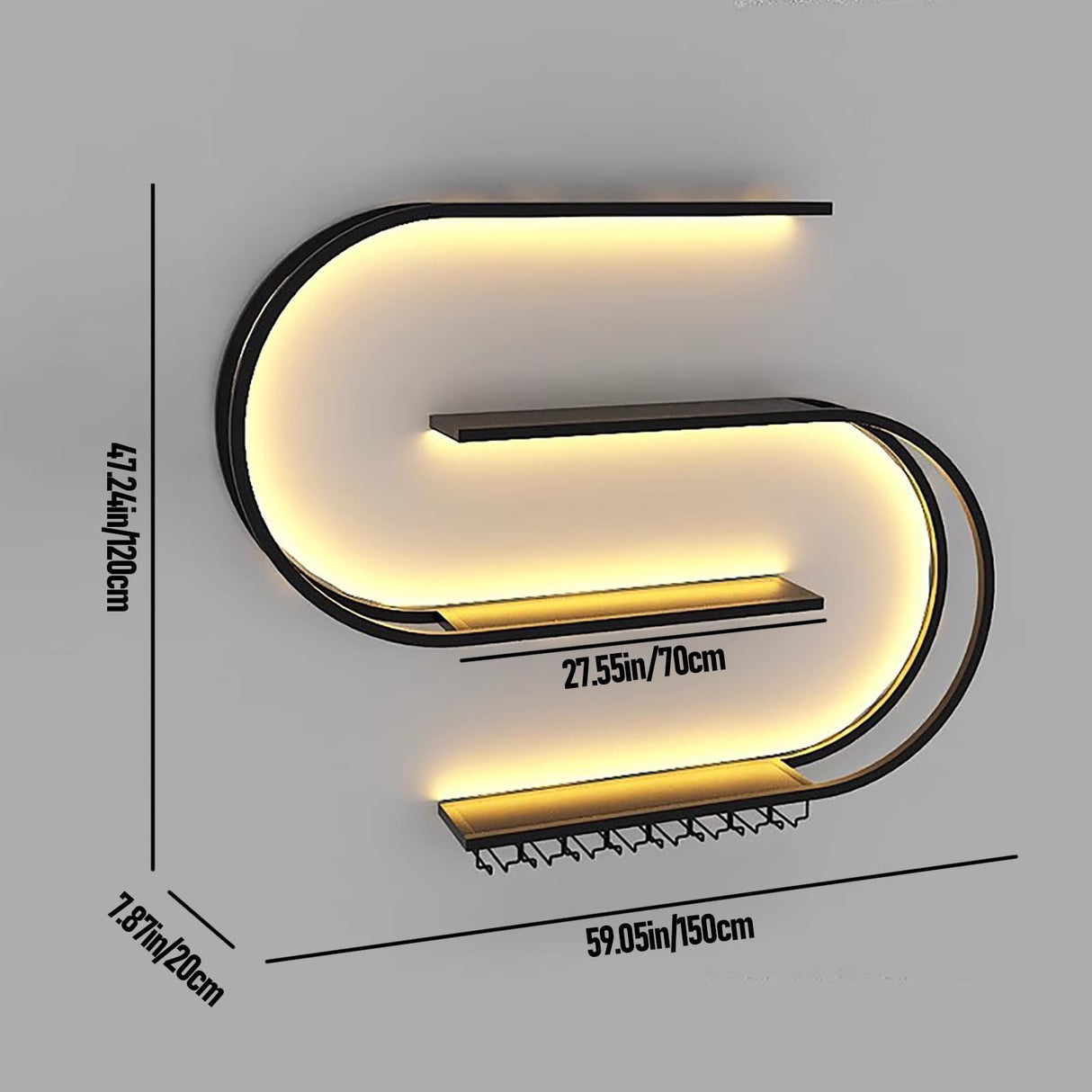 RAJYQODIS 59in Wall Mounted Wine Rack, Floating Bar Shelves 4-Tier，Industrial Metal Bottles Display Storage Shelf, for Home Bar Dining Room Decor, Black (Black, 59.05in/150cm) RAJYQODIS