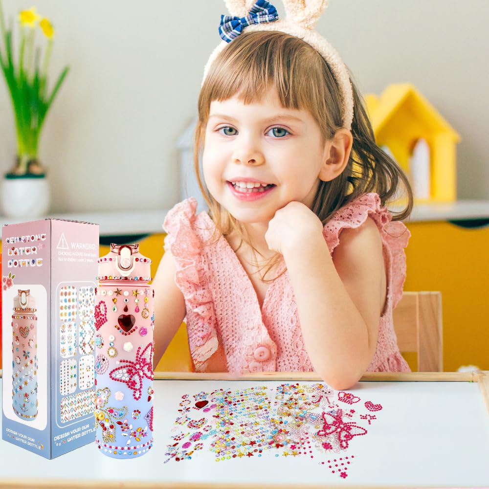 Decorate Your Own Water Bottle Kits for Girls, Birthday Gift for Girls, 4-12 Year Old Girl Gifts, Girls Water Bottle and DIY Gem Stickers with Crafts Kits for Girls, Valentines Easter Gift for Girls Liwidon