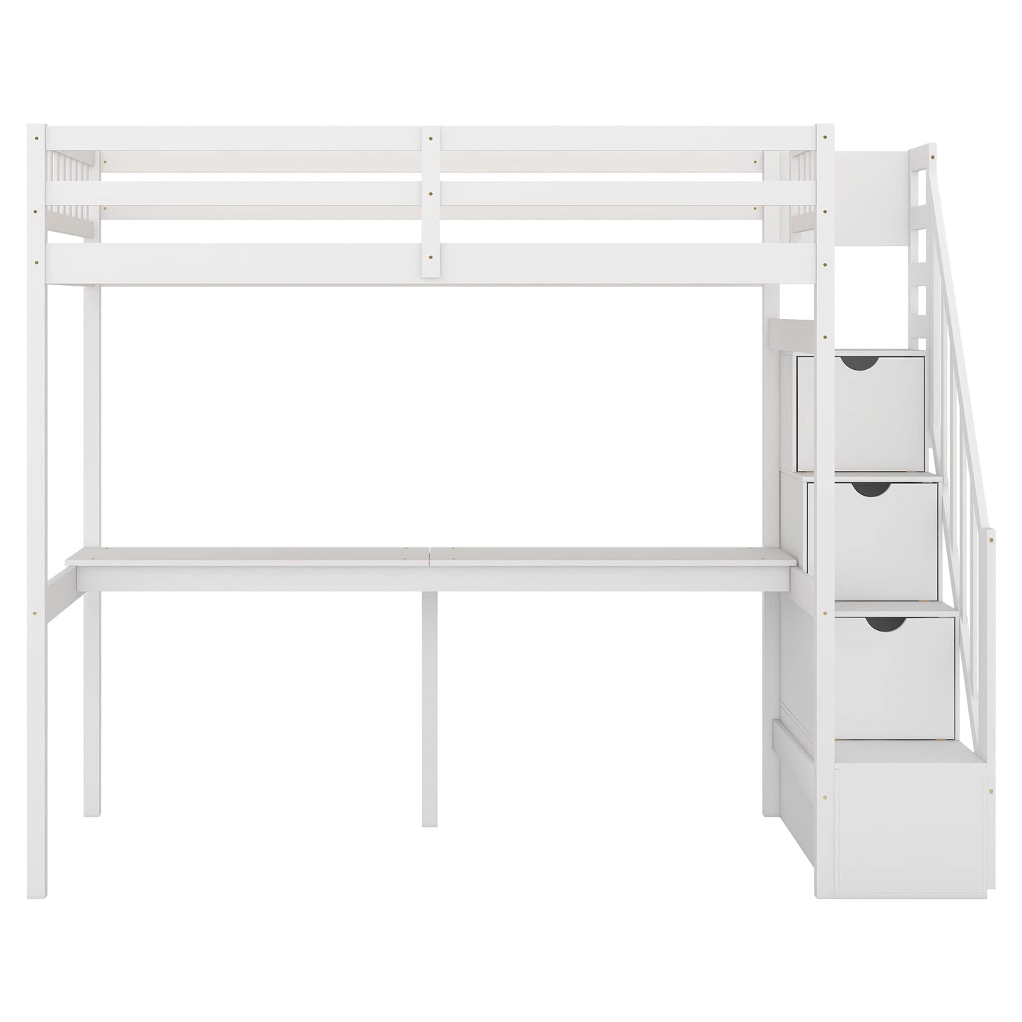 Twin Loft Bed with Desk and Stairs, Wood Loft Bed Frame Twin Size with Storage Staircase and Safety Rails for Kids Teens Adults, White