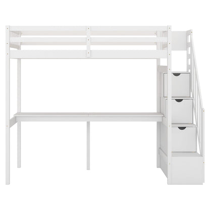 Twin Size Loft Bed with Desk,Solid Wood Loft Bed Frame with Storage Stairs,High Loft Bed Twin Size with Stairs for Kids,Teens, Adults,Space Saving, White