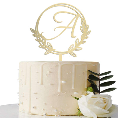 Vinisong Personalized Initial Letter A Golden Cake Topper Wooden Cake Decoration Wreath Cake Topper Perfect for Birthday Rustic Wedding Anniversary Keepsake Party Decoration