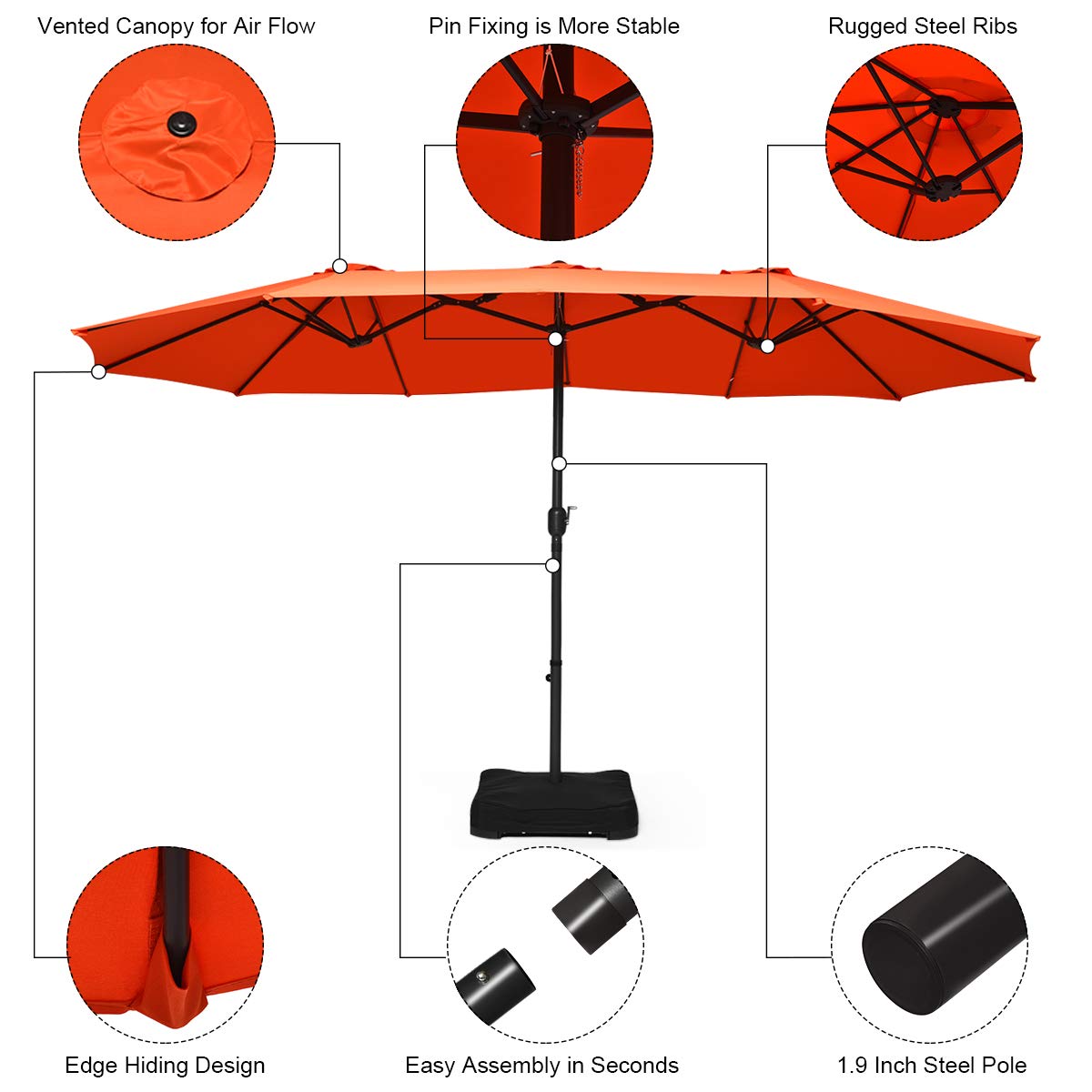 Tangkula 15 Ft Patio Double Sided Umbrella with Base, Extra Large Market Outdoor Twin Table Umbrella with Crank Handle Tangkula