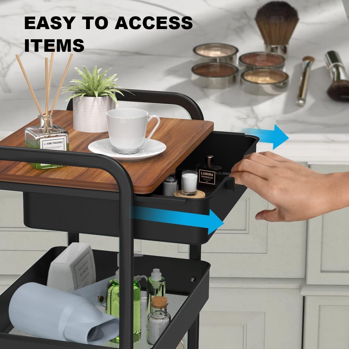 Aratan 3 Tier Rolling Cart with Drawer, Metal Utility Cart on Wheels Storage Cart with Wood Top, Kitchen Cart Art Cart Organizer for Bathroom Office Balcony Living Room Aratan