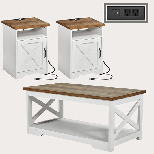 AMERLIFE 3-Piece Farmhouse Table Set Includes Coffee Table& Two End Tables, Side Table with Charging Station and USB Ports, for Living Room, Bedroom, Distressed White - WoodArtSupply