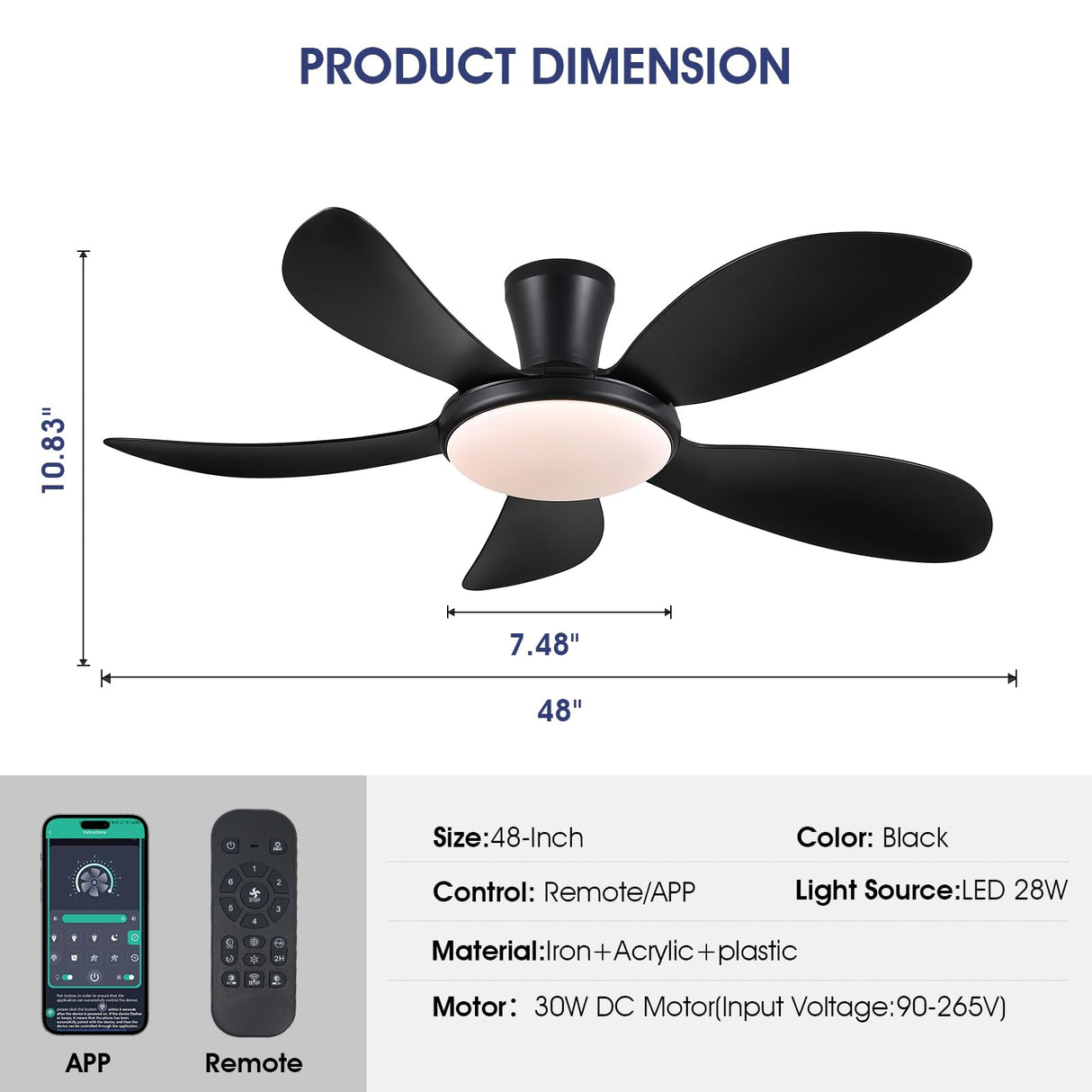 PHORUS 48" Low Profile Ceiling Fan With Lights and Remote/APP, Black With Quiet Reversible DC Motor, Dimmable 3 Colors 6 Speeds, Modern Flush Mount for Bedroom Kitchen PHORUS