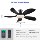 PHORUS 48" Low Profile Ceiling Fan With Lights and Remote/APP, Black With Quiet Reversible DC Motor, Dimmable 3 Colors 6 Speeds, Modern Flush Mount for Bedroom Kitchen PHORUS