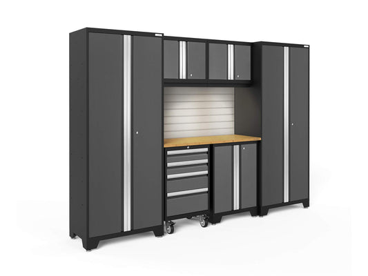 NewAge Products Garage Storage Cabinets Bold Series 7 Piece Sets Includes Worktop, Slatwall Backsplash, LED Lights, Multi-Use lockers, Wall, Base and Rolling Tool Cabinets, Gray, 50418 - WoodArtSupply