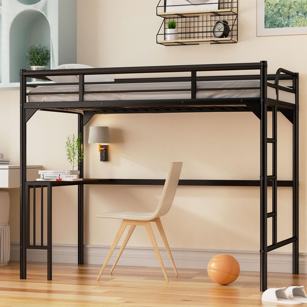 HomJoones Metal Loft Bed,Metal Twin Loft Bed Frame,Mattress Foundation,Space-Saving,Noise Free, for Adults/Teens,No Box Spring Needed,Easy Assembly,Twin (Black) HomJoones