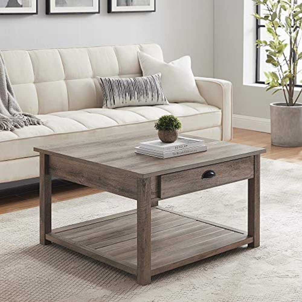 Walker Edison Modern Country Square Coffee Table Living Room Accent Ottoman Storage Shelf, 30 Inch, Grey Wash - WoodArtSupply