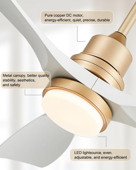 White and Gold Ceiling Fans with Lights Remote Control, 52 inch Modern Gold Ceiling Fan ETL Listed, 3 Downrods, 3 blades Gold Fan Reversible Quiet DC Motor, Timer, 6-Speed for Outdor Patio Bedroom Forrovenco