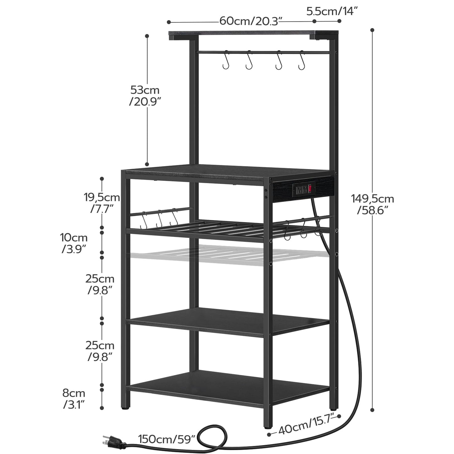 HOOBRO Kitchen Bakers Rack with Power Outlet, 5-Tier Coffee Bar with Adjustable Wine Rack, Microwave Stand with 10 S-Shaped Hooks, Kitchen Storage Shelf Rack, Rustic Brown BK60UHB01