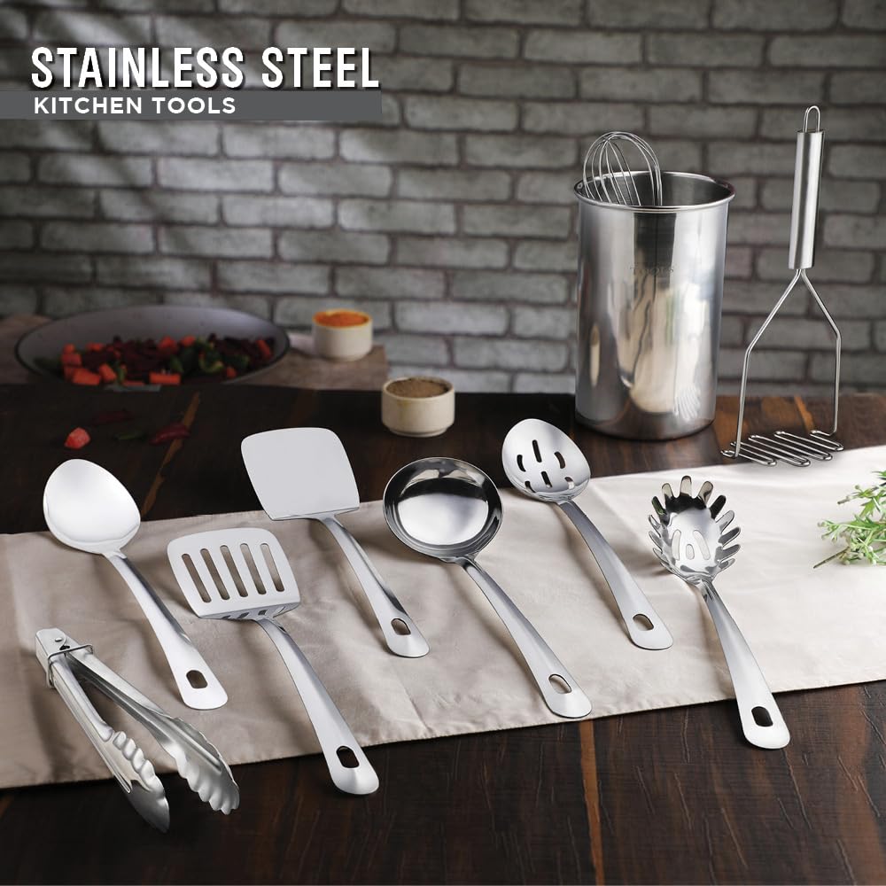 Avador® Premium Set of 10 Stainless Steel Kitchen Tool Set with Holder Easy To Clean, Space Saving, Great for Cooking, Baking, Prepping Avador