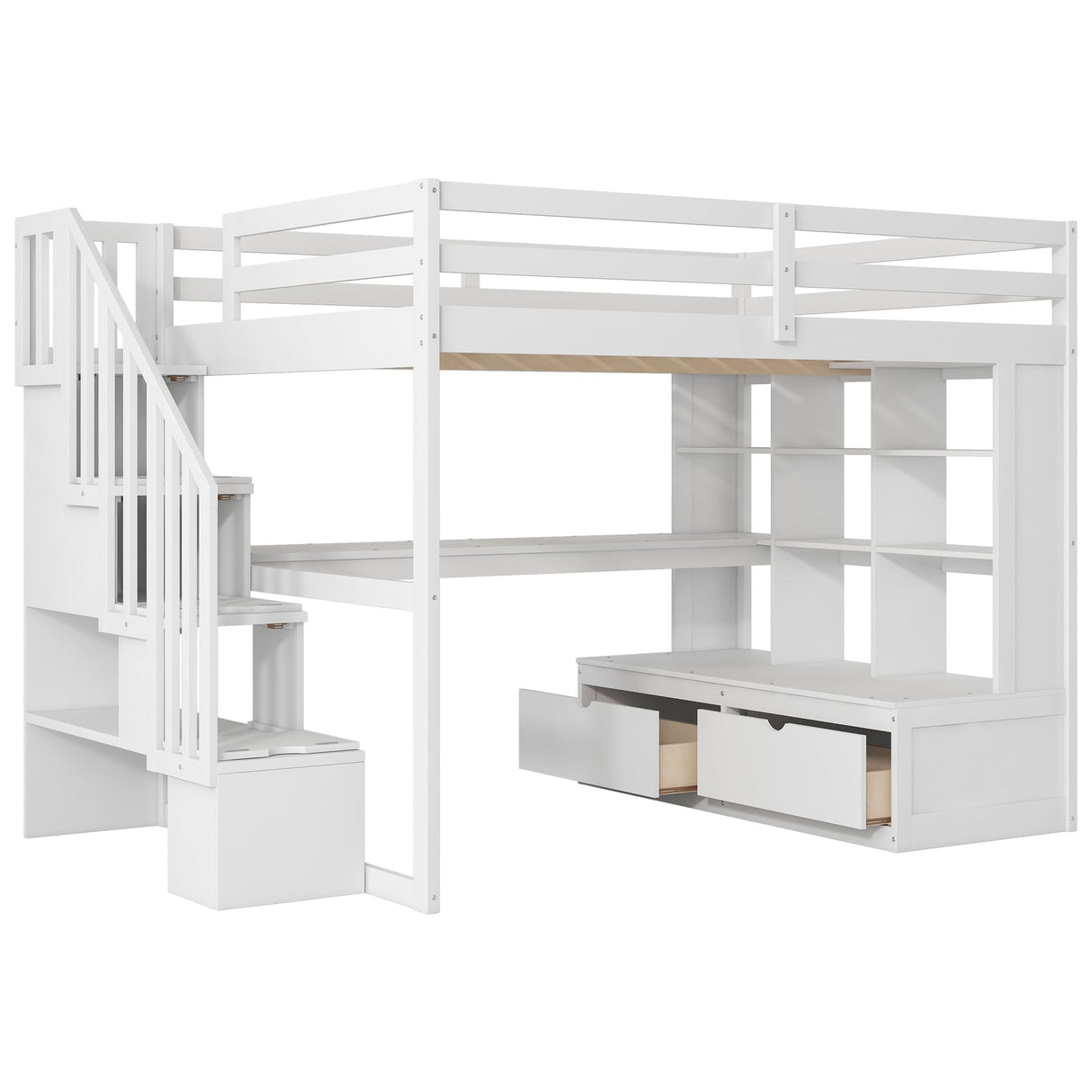Full Size Loft Bed with Stairs and Desk, Wood Loft Beds Frame with Storage Drawers and Bookcase Shelves for Adults Teens Kids, White Bellemave